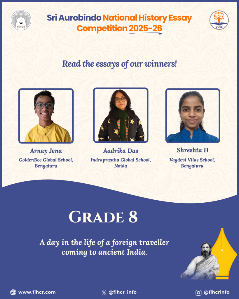 Grade 8 winners of the Sri Aurobindo National History Essay Competition 2025-26: Arnay Jena, Aadrika Das, and Shreshta H.